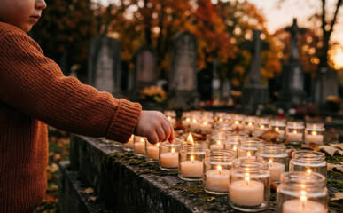 Obraz premium Young boy lighting candles in memory at a cemetery during autumn for remembrance and grief support