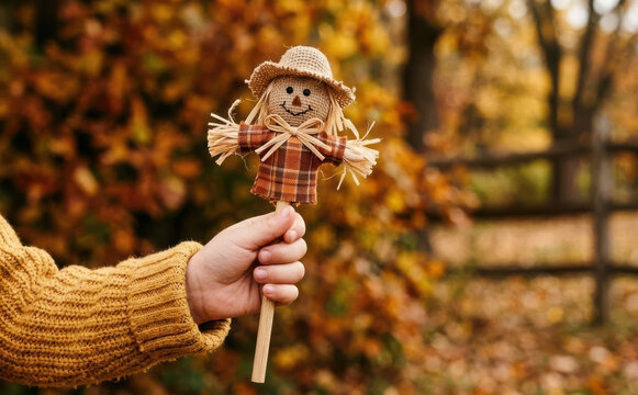Child holding a handmade autumn scarecrow decoration in an outdoor fall park setting