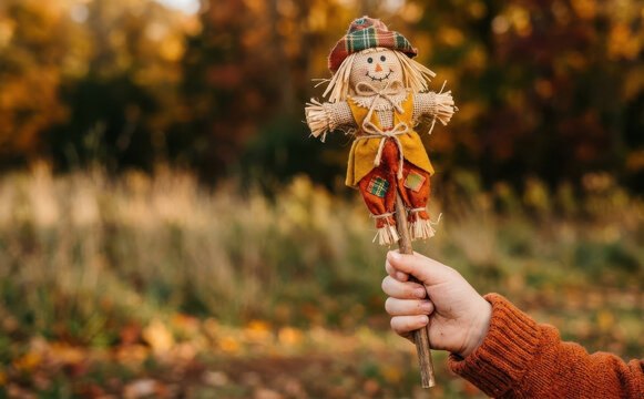 Child holding a small autumn scarecrow puppet in a park during fall season, autumn crafts concept