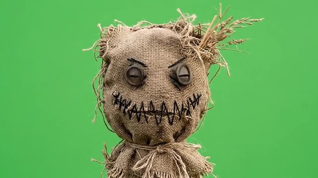 Creepy burlap scarecrow doll moving on green screen
