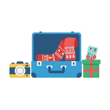 Blue open suitcase packed with winter scarf camera and holiday gift for travel.
