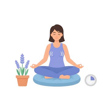 Woman practicing mindfulness meditation sitting on blue cushion with lavender.