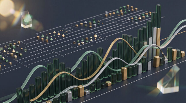 Abstract data visualization with 3D bar graphs and line charts, representing financial trends and growth analysis