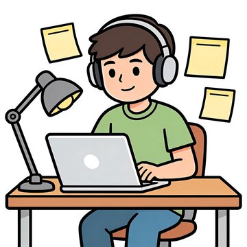 Happy young person studying with laptop desk lamp and sticky notes.