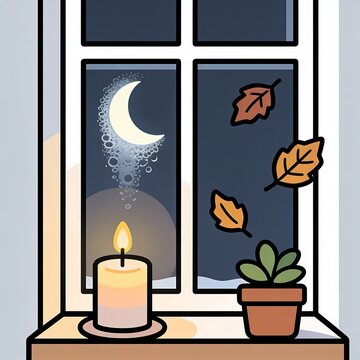 Cozy candle lit window scene with crescent moon and falling autumn leaves.