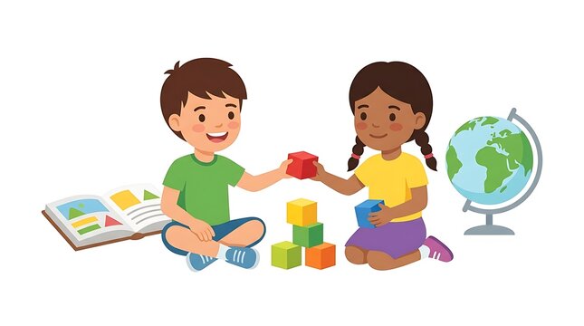 Cute kids playing with colorful toy blocks on floor next to book and globe map.