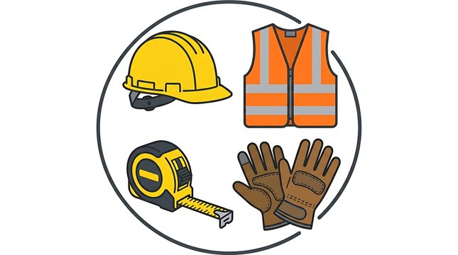 Construction personal protective equipment icons arranged inside circular frame.