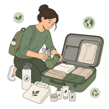 Woman packing sustainable travel essentials into green suitcase for eco-friendly journey.