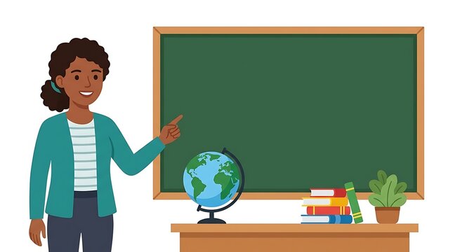 African american female teacher in green cardigan presenting lesson in classroom.