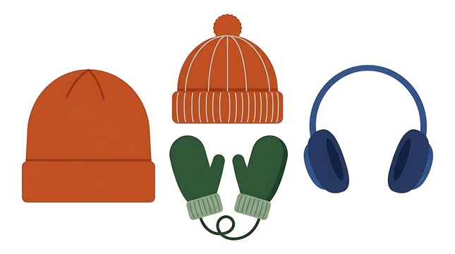 Set of winter accessories including knit hat, pompom hat, mittens, and earmuffs.