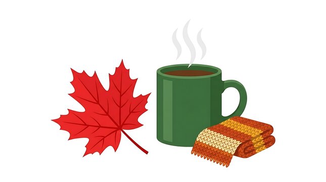 Red maple leaf green coffee mug and warm knitted scarf on clean white background.