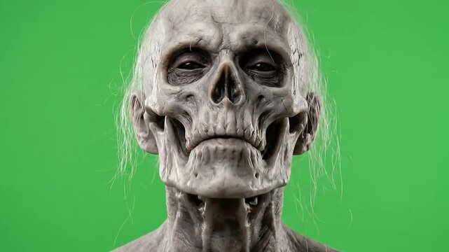 Undead zombie head talking on chroma key green screen