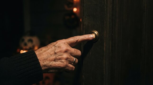 Elderly person hand ringing a doorbell at a house entrance for Halloween trick or treat concept