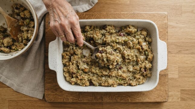 Senior woman preparing homemade traditional stuffing in a baking dish for a holiday dinner