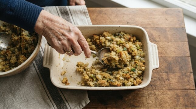 Elderly woman scooping homemade traditional Thanksgiving stuffing into a baking dish on a rustic wooden table