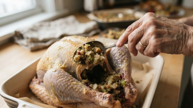 Elderly woman stuffing raw Thanksgiving turkey with savory bread dressing in kitchen for holiday dinner preparation