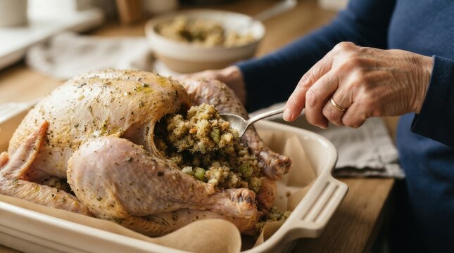 Elderly woman hands stuffing a raw whole turkey with bread dressing in a kitchen for Thanksgiving dinner preparation