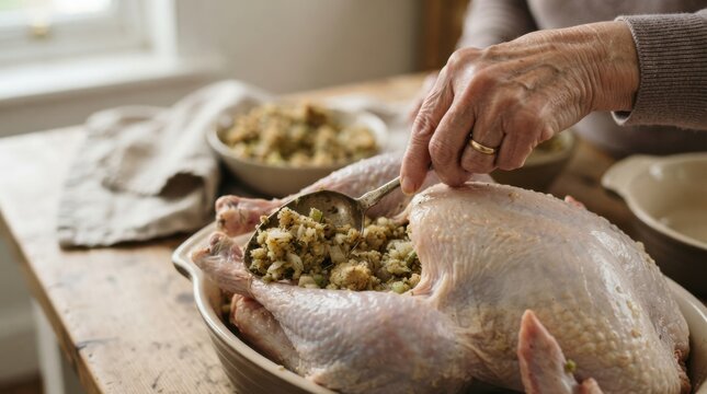 Elderly woman stuffing raw Thanksgiving turkey with savory herb dressing in kitchen