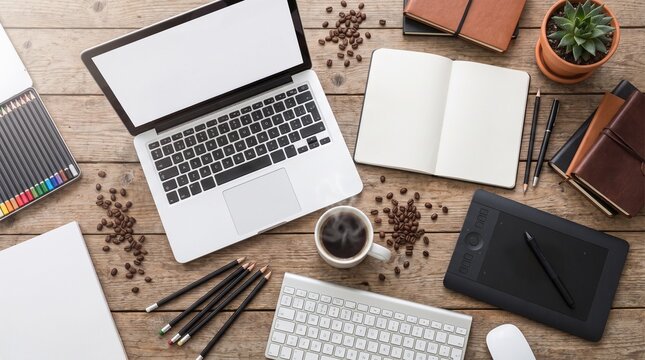 Creative home workspace flat lay featuring laptop, coffee, sketchbooks, colored pencils, drawing tablet and art supplies on a wooden desk.
