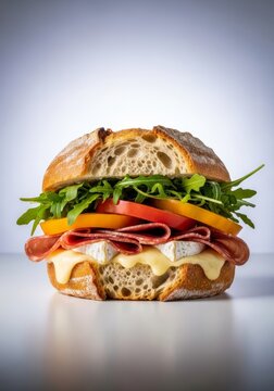 A gourmet rustic sandwich featuring thick crusty bread, melted soft cheese, fresh arugula, sliced heirloom tomatoes, and savory cured meat, fresh, salt, deli