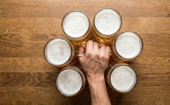 Man holding multiple beer mugs on wooden table top view representing party concept and drink sharing