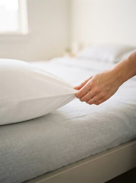 Woman zipping up a white protective pillow protector on a made bed in a minimalist bedroom interior