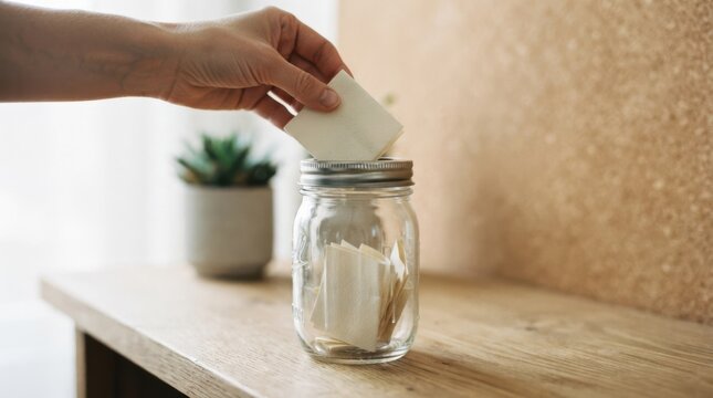 Person putting a paper note into a glass jar for gratitude thoughts, goals or a raffle drawing