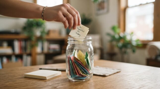 Woman putting a gratitude note into a glass jar filled with colorful paper notes on a wooden table