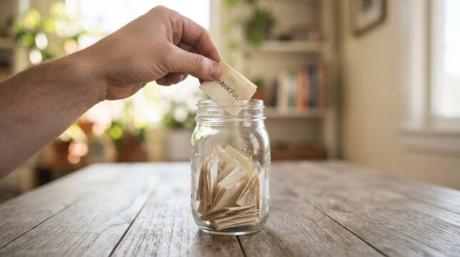 Man dropping a gratitude note into a glass jar filled with thankful messages on a rustic wooden table