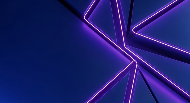 Sleek geometric patterns emerge from a deep cobalt backdrop, illuminated by vibrant violet neon light trails for a polished digital finish, flow, perspective, cobalt