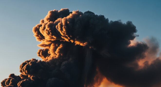 A massive plume of dark soot rolls across the sky, mimicking the powerful crest of a breaking storm cloud with intense textures and depth, backdrop, intense, texture