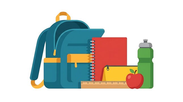 Teal school backpack with red notebook and yellow pencil case for student study.