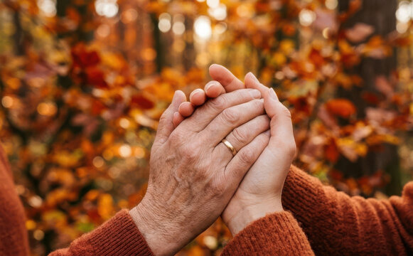 Elderly couple holding hands lovingly outdoors in an autumn forest wearing matching warm sweaters representing companionship and aging together