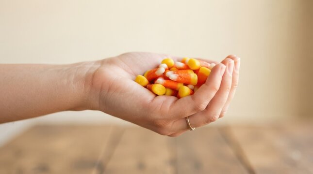 Woman holding a handful of traditional candy corn sweets representing Halloween treats and snacks