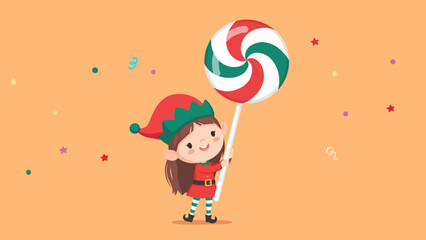 Naklejka premium Cute Christmas Elf Girl Holding Giant Lollipop, Festive Holiday Candy Illustration