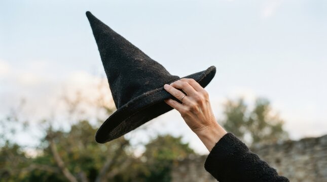 Woman holding a black witch hat in the air for Halloween party celebration and magical wizard costume concept