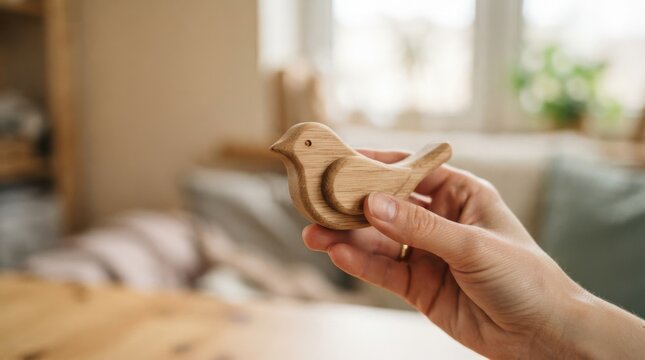 Wooden bird toy held in hand close-up representing handmade craftsmanship and natural childhood play
