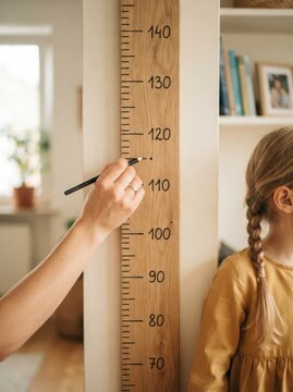 Mother measuring height of young blonde caucasian girl on wooden growth chart at home