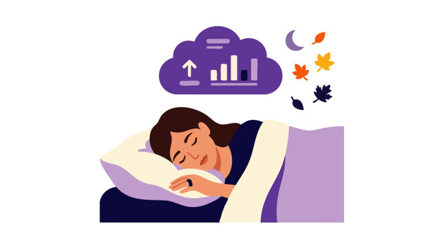Peaceful woman sleeping in bed with a data cloud showing rising financial charts, representing passive income, sleep tracking, and wellness technology, ideal for business and health articles.