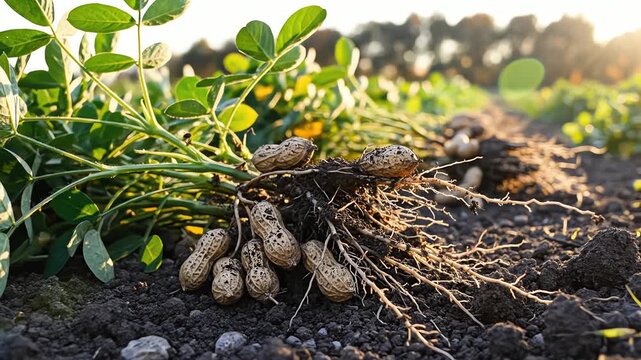 Freshly harvested peanuts with roots in soil