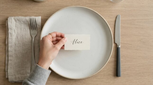 Setting a minimalist dining table with a personalized place card for a guest dinner party event