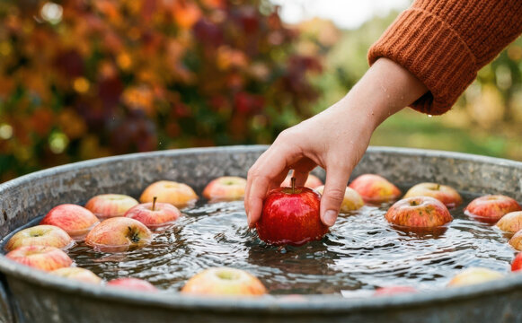 Woman washing fresh red apples in a metal tub outdoors representing healthy harvest and autumn traditions