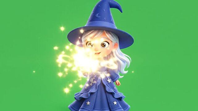 Cute 3d cartoon witch character performing magic on green screen