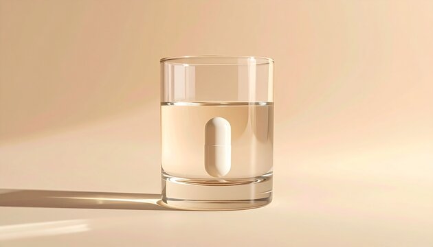 White pill capsule floating inside clear water glass on warm beige background