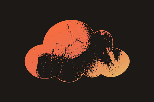 "Weathered thunderhead as a distressed grunge puffer with speckled halftone erosion, glowing in warm to amber gradient tones, blending atmosphere with vintage stencil texture."