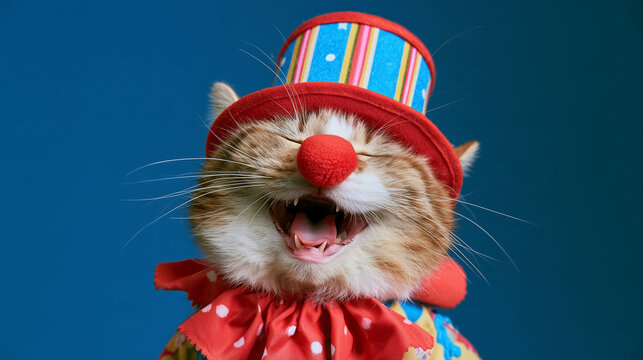 Funny happy cat dressed as a colorful clown with a red nose, playful circus character portrait