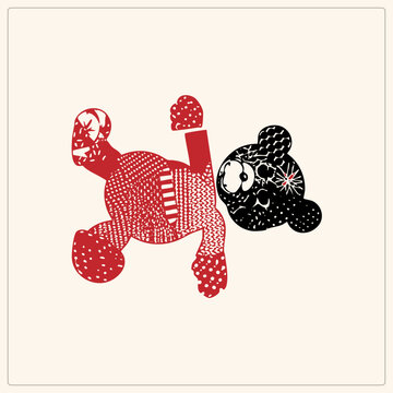 Cartoon teddy bear, or plushie, lies headless with its fuzzy noggin rolling away beside the body. This edgy grunge flat graphic turns a childhood toy into darkly playful streetwear inspired art.