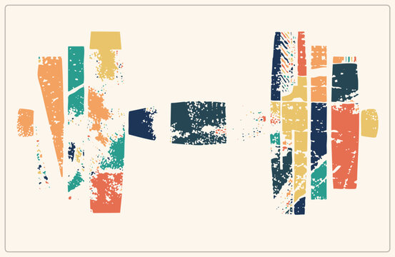 "Grunge textured waveform graphic shaped like a music equalizer, with choppy noise bars in teal, orange, mustard yellow, and navy. Distressed cutout reads like a vintage sound spect