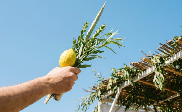 Man holding a lulav and etrog for Sukkot festival celebration under a sukkah booth representing Jewish traditions