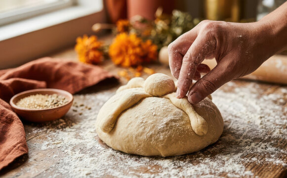 Making traditional Pan de Muerto bread for Day of the Dead celebration in a rustic kitchen
